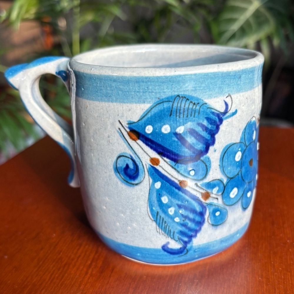 Handmade Pottery Coffee Mug Mexican Folk Art Blue Bird Flowers